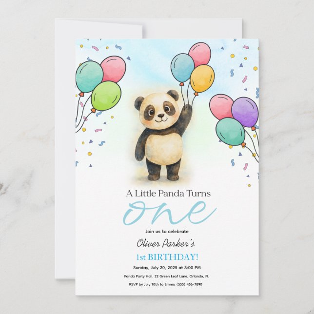 Baby Panda Balloon 1st Birthday Party Blue Einladung (Vorderseite)