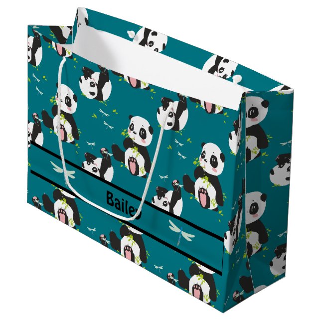 Baby Panda Bären Dragonfly Aquamarin Custom Große Geschenktüte (Vorderseite Schrägansicht)