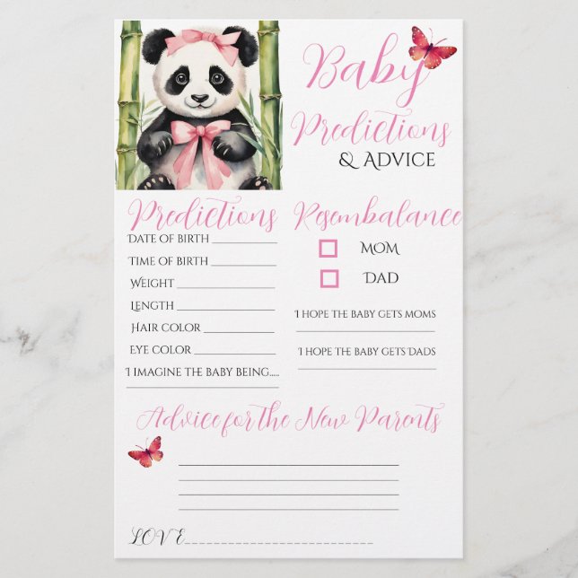 Baby Panda Bear Girl Baby Predictions Advice Card (Vorderseite)