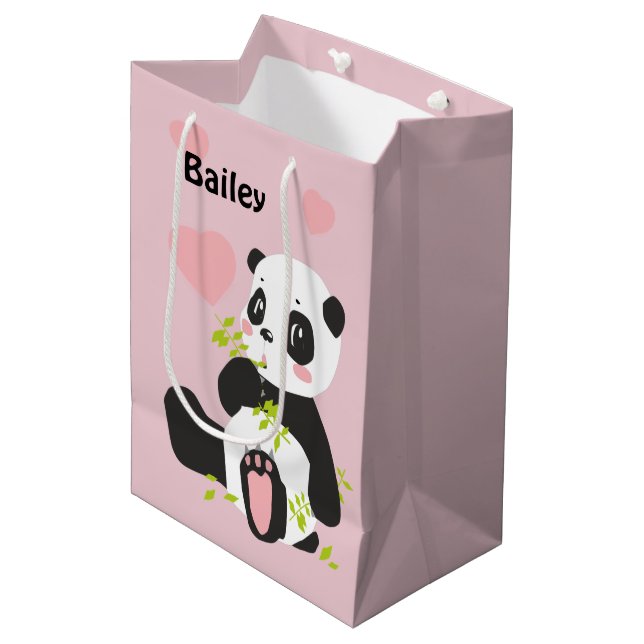 Baby Panda Bear Pink Herz Custom Mittlere Geschenktüte (Vorderseite Schrägansicht)
