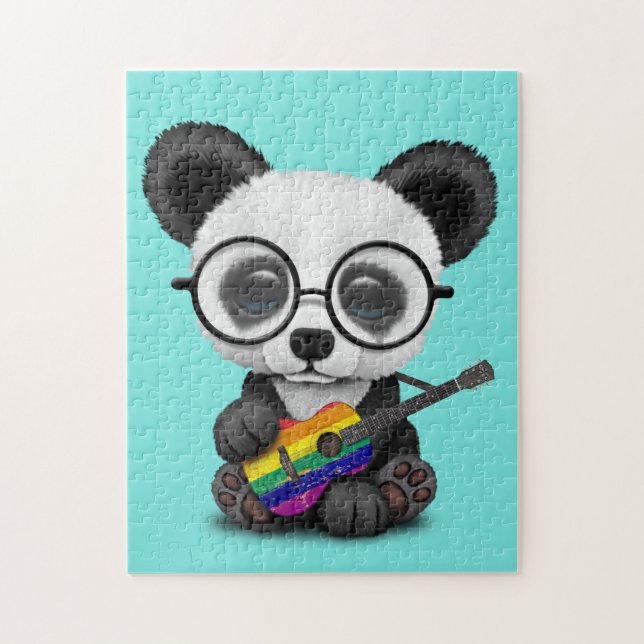 Baby-Panda, der Regenbogen-Flaggen-Gitarre spielt (Vertikal)
