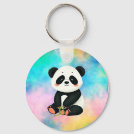 Baby Panda hält ein Stück Bambus. Schlüsselanhänger