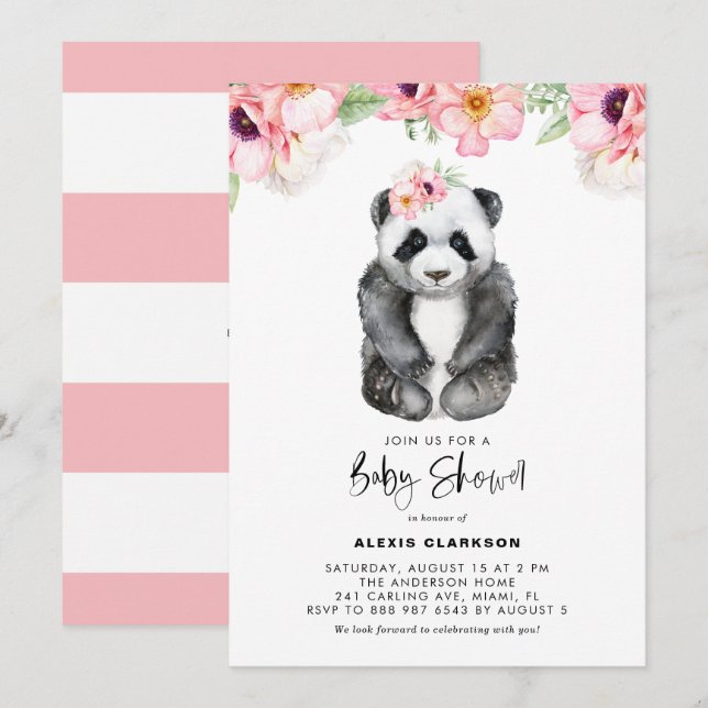 Baby Panda Panda Pink Anemones Baby Dusche Einladung (Vorne/Hinten)