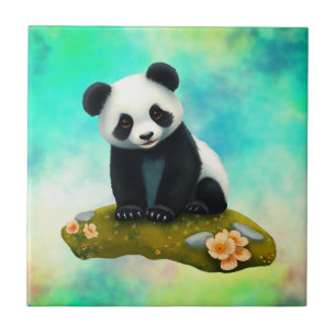 Baby Panda riecht nach den Blume Fliese