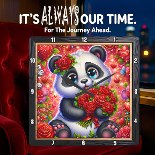 Baby-Panda Rote Rose Quadratische Wanduhr