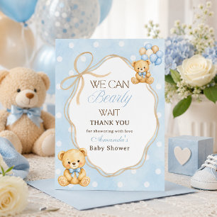Baby-Party 'Können kaum warten' mit blauen Bärenju Dankeskarte