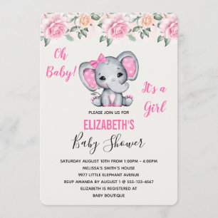 Baby-Party mit rosa Baby-Elefanten und Rosenrand Einladung