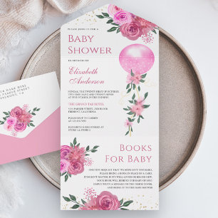 Baby-Party mit rosa floralem Luftballon-Mädchen All In One Einladung