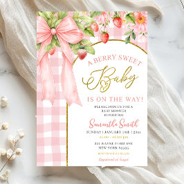 Baby-Party mit rosa Schleife und Gingham-Erdbeermo Einladung