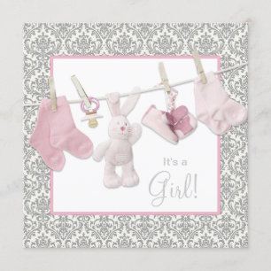 Baby-Party mit rosa Wäscheleine Einladung