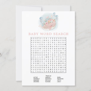 Baby-Party-Wortsuchspiel für Mädchen mit rosa Wal Einladung