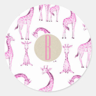 Baby-Partygeschenk mit Monogramm rosa Giraffen Runder Aufkleber