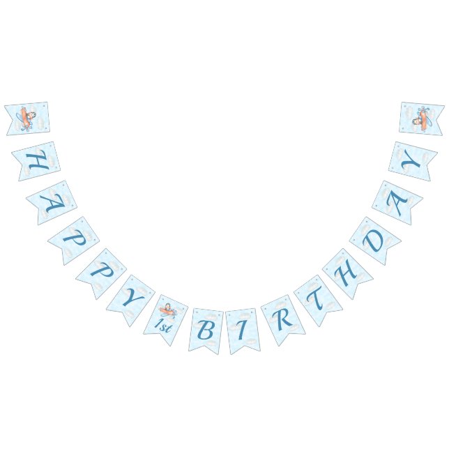 Baby Penguin Airplane Blue Personalisiert Geburtst Wimpelkette (Alle)