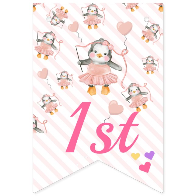 Baby Penguin Ballerina Pink Personalisiert Geburts Wimpelkette (Siebte Fahne)
