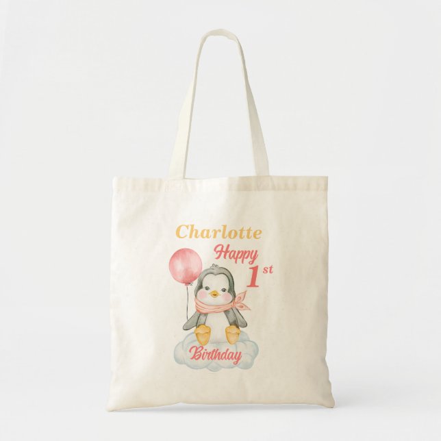 Baby Penguin Joyeux 1er Sac fourre-tout anniversai (Devant)