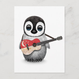 Baby Penguin Playing Singapore Flaggengitarre Postkarte