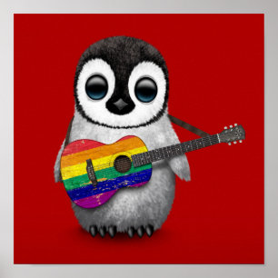 Baby Penguin Rainbow Flag Gitarre Red Poster