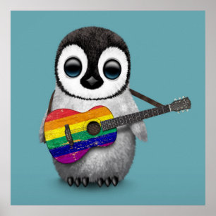 Baby Penguin Rainbow Flag Guitar Blue Poster