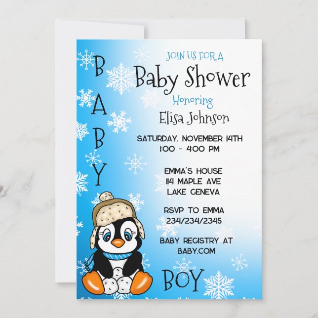 Baby Penguin Winter Baby Dusche Einladung (Vorderseite)