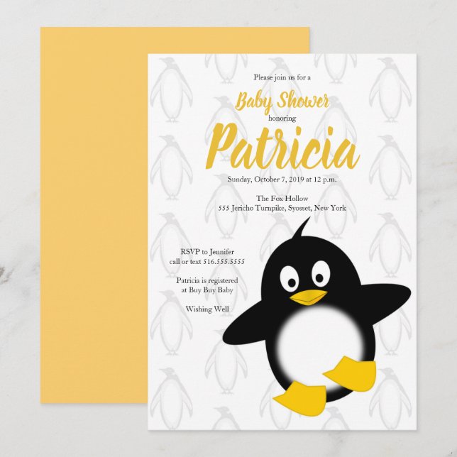 Baby Penguin Yellow Black Baby Dusche Einladung (Vorne/Hinten)