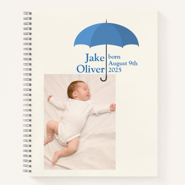 Baby Photo, Name, Date, Blue Umbrella Notizbuch (Vorderseite)