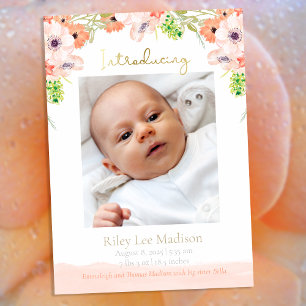 Baby Photo Peach Floral Modern Birth Ankündigung