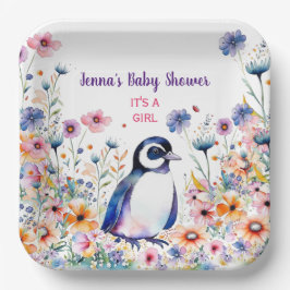 Baby Pinguin in Blume Es ist ein Mädchen | Babydus Pappteller