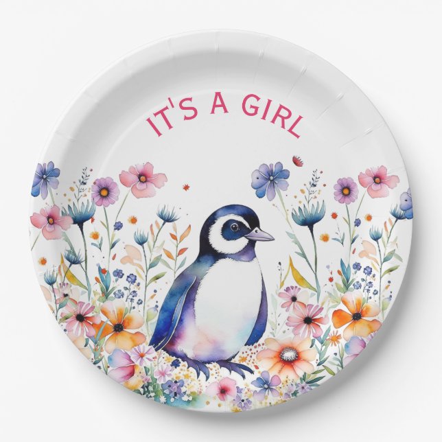 Baby Pinguin in Blume Es ist ein Mädchen | Babydus Pappteller (Vorderseite)