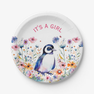 Baby Pinguin in Blume Es ist ein Mädchen   Babydus Pappteller