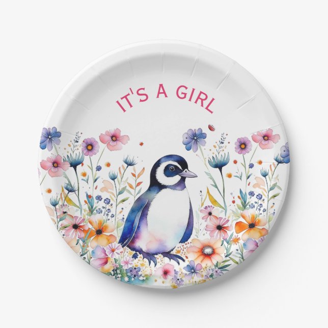 Baby Pinguin in Blume Es ist ein Mädchen | Babydus Pappteller (Vorderseite)