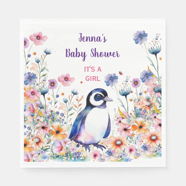 Baby Pinguin in Blume Es ist ein Mädchen | Babydus Serviette (Vorderseite)