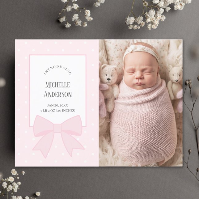 Baby Pink Bow Baby Girl Photo Faire-part de naissa (Créateur téléchargé)