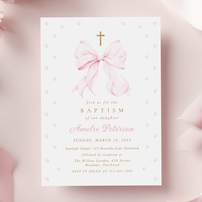 Baby Pink Bow & Pearls Girl Taufe Einladung (Von Creator hochgeladen)
