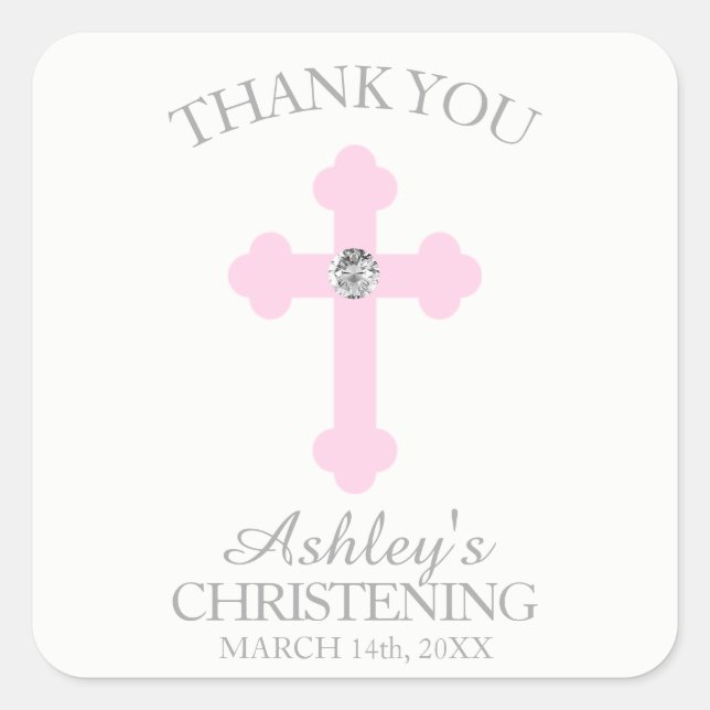 Baby Pink Cross Taufe/Christening Girl Vielen Dank Quadratischer Aufkleber (Vorderseite)