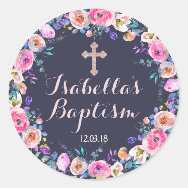 Baby Pink Cross Taufe/Christening Girl Vielen Dank Runder Aufkleber (Vorderseite)