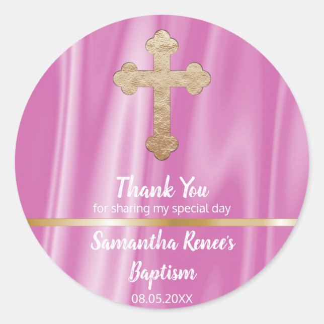 Baby Pink Cross Taufe Gefallen | Mädchen Danke Runder Aufkleber (Vorderseite)