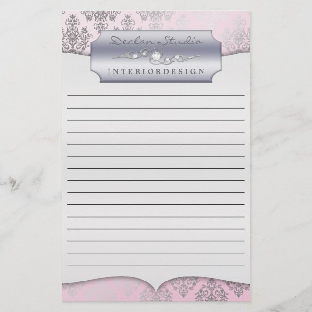 Baby Pink Dashing Damask Lined Business Stationary Briefpapier (Vorderseite)