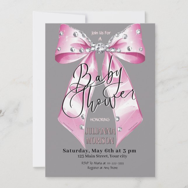 Baby Pink Diamond Coquette Bow Baby Shower Girl Einladung (Vorderseite)