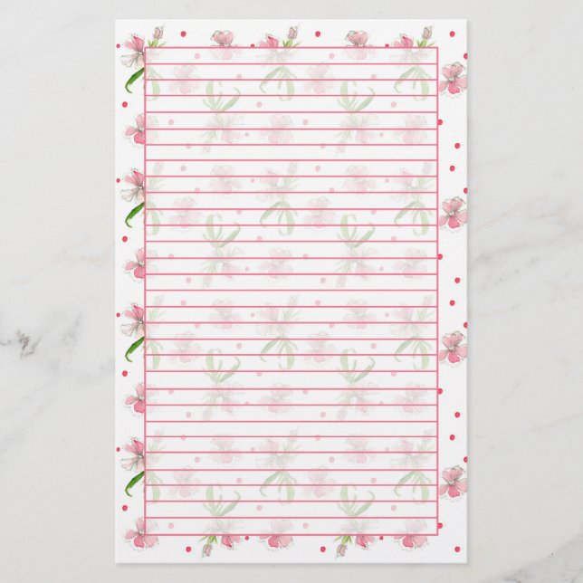 Baby Pink Dianthus Watercolor Blume Liniert Briefpapier (Vorderseite)