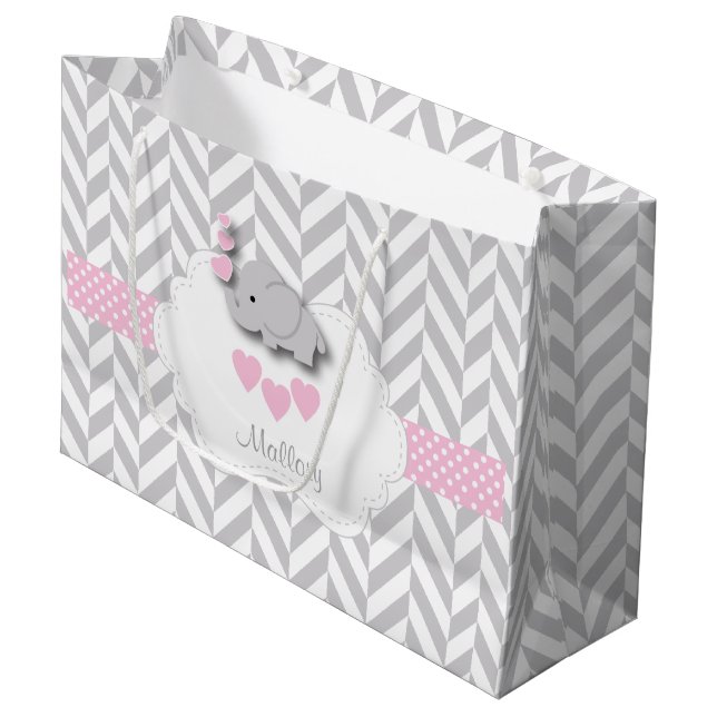 Baby Pink Elephant 🐘 Design - Baby Girl Shower Große Geschenktüte (Vorderseite Schrägansicht)