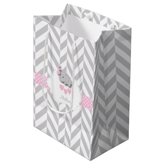 Baby Pink Elephant Design - Baby Girl Shower Mittlere Geschenktüte (Vorderseite Schrägansicht)