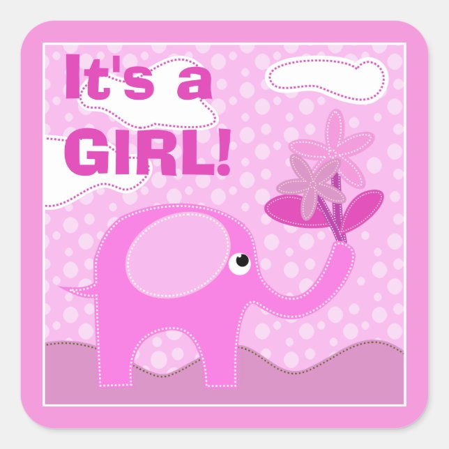 Baby Pink Elephant Es ist eine Girl Baby Dusche Quadratischer Aufkleber (Vorderseite)
