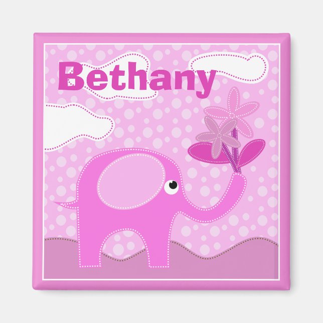 Baby Pink Elephant und Blume Personalisiert Magnet (Vorne)