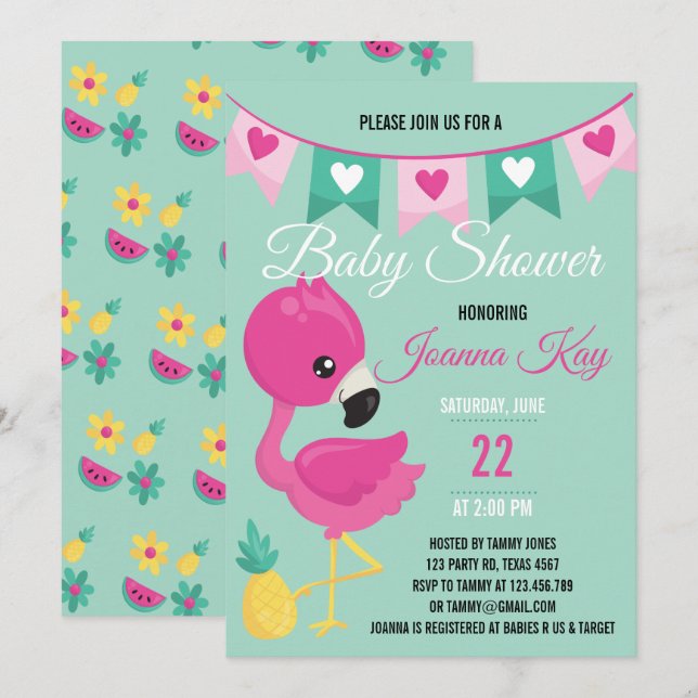 Baby Pink Flamingo Kinderdusche Einladung (Vorne/Hinten)