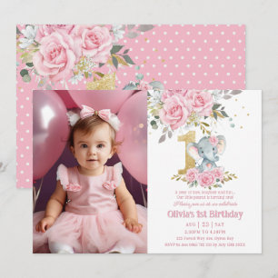Baby Pink Floral Elephant 1. Geburtstags-Foto Einladung