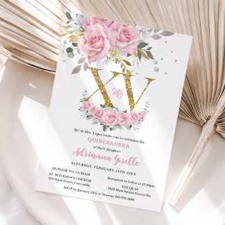 Baby Pink Floral Gold XV Quinceañera Quince 15 Einladung