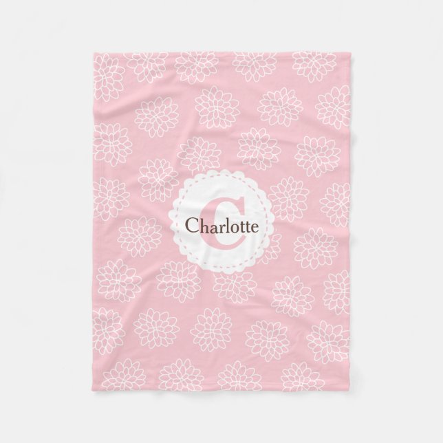 Baby Pink Floral Monogram Individuelle Name Fleecedecke (Vorderseite)