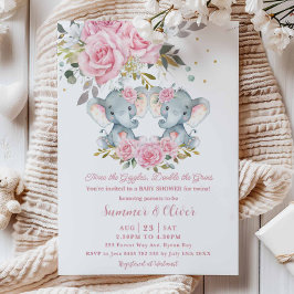 Baby Pink Floral Niedlich Elefanten Twins Baby Dus Einladung