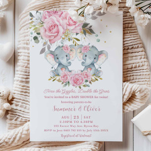 Baby Pink Floral Niedlich Elefanten Twins Baby Dus Einladung
