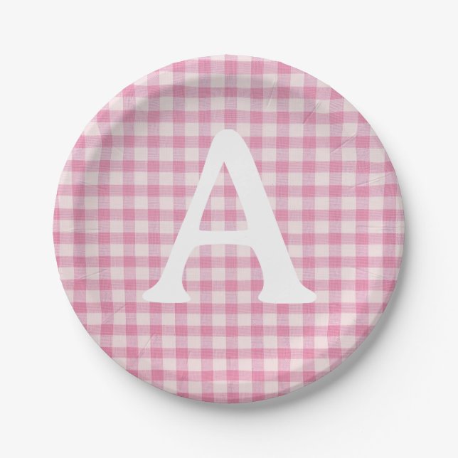 Baby Pink Gingham Benutzerdefinierte Initiale Pappteller (Vorderseite)